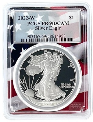 2022 W 1oz Silver Eagle Proof PCGS PR69 DCAM - Flag Picture Frame