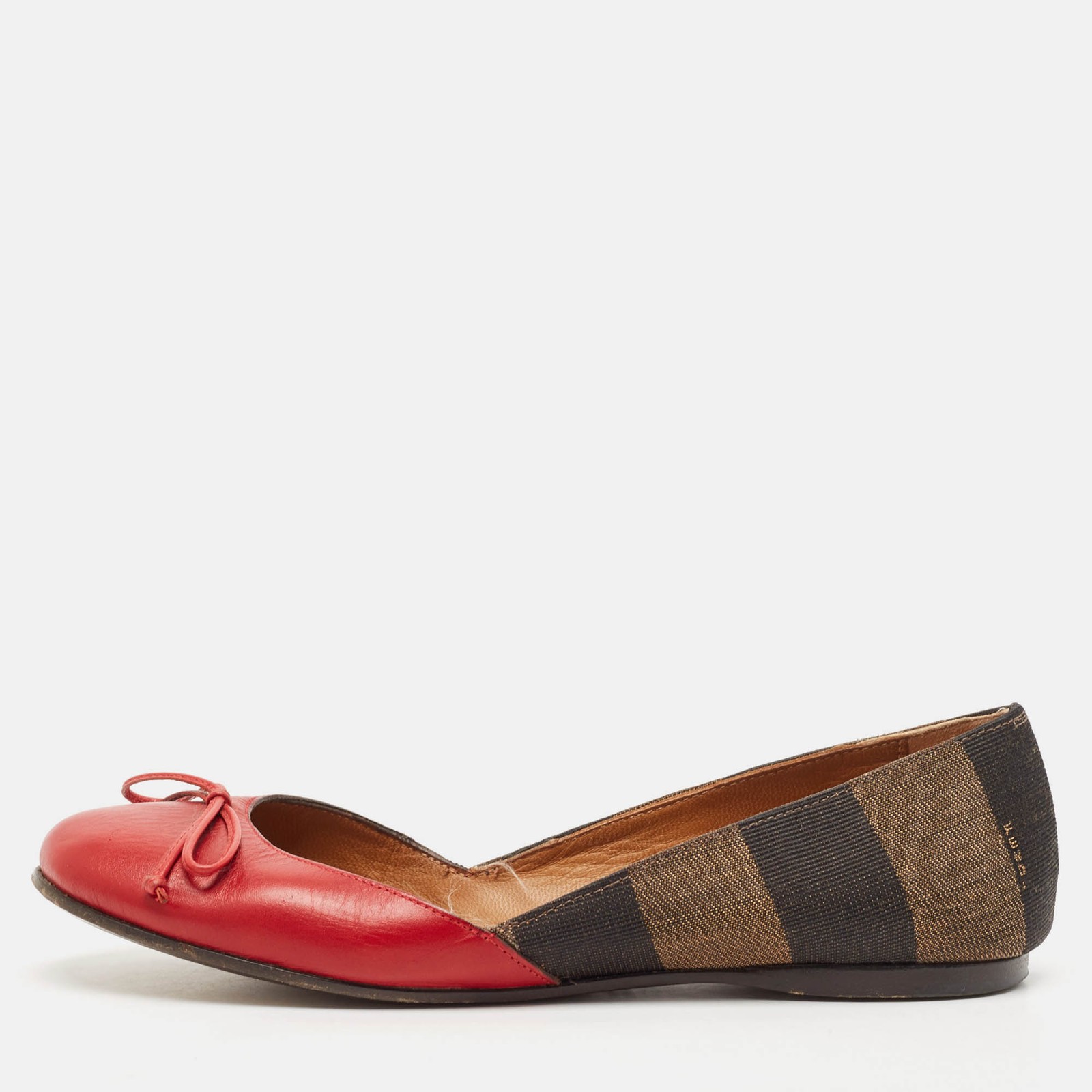Fendi BrownRed Leather And Canvas Toe Ballet Flats Size 37