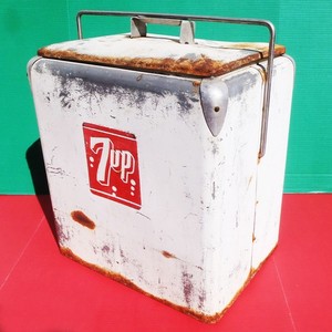 1950s 7up Red White 2-Sided Logo Progress Refrigerator Lidded Metal Soda Cooler
