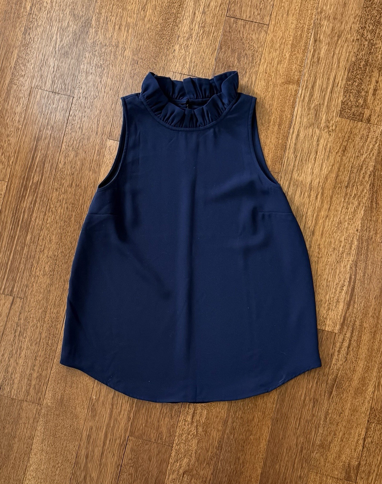 J.Crew Navy Blue Ruffle Neck Sleeveless Blouse S Mock Neck Top Preppy *read*