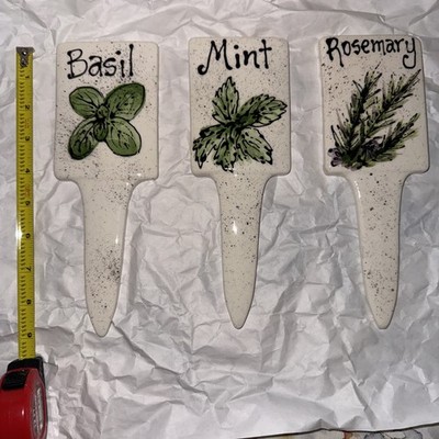 Set of 3 Ceramic Herb Garden Stakes Indoor Outdoor Basil, Mint & Rosemary