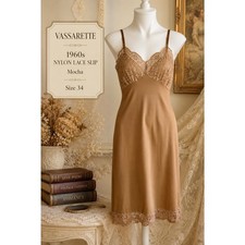 Vintage Vassarette 1960s Rare Mocha Nylon Lace Slip Size 34