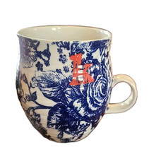 Anthropologie Blue Floral Homegrown Coffee Mug Monogram Letter K Scored Finish