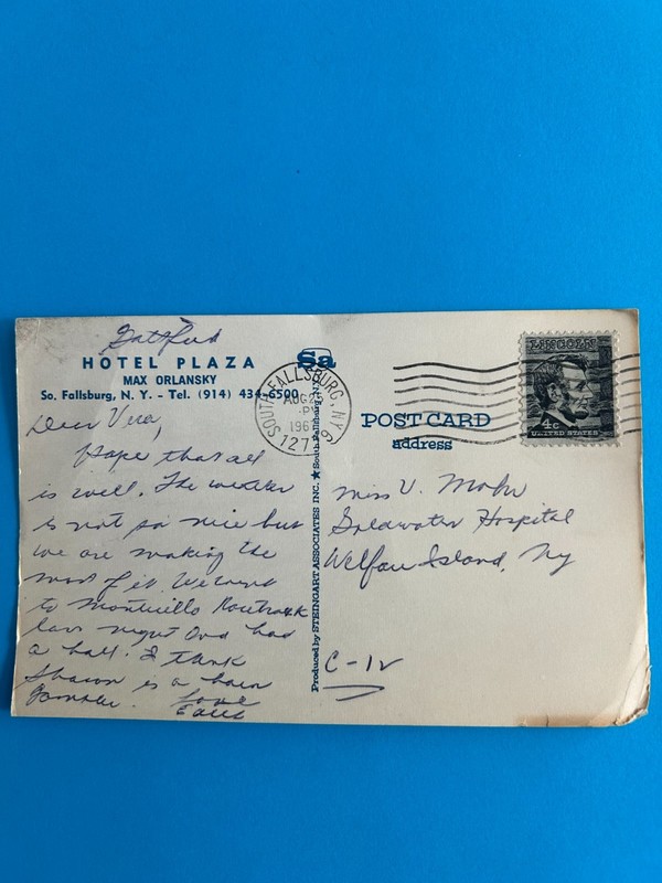 Postcard #8 - So. Fallsburg, NY Hotel Plaza with rare black 4c  Lincoln postage