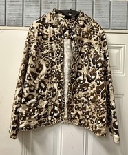 Chico's Additions Leopard Print Jacket Womens Sz 2 Hook Eye Brown Black Cream