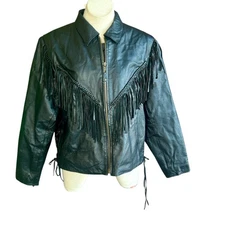 Vintage USA Bikers Dream Apparel Black Leather Biker Moto Jacket With Fringe 
