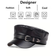 Black Leather Beret Cap Women Men Sailor Hat Flat Top Military Fashion Hat