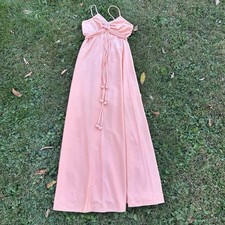 Vintage 70's Dress Coral Pink Empire Waist Spaghetti Straps Maxi Flowers Sz 9 