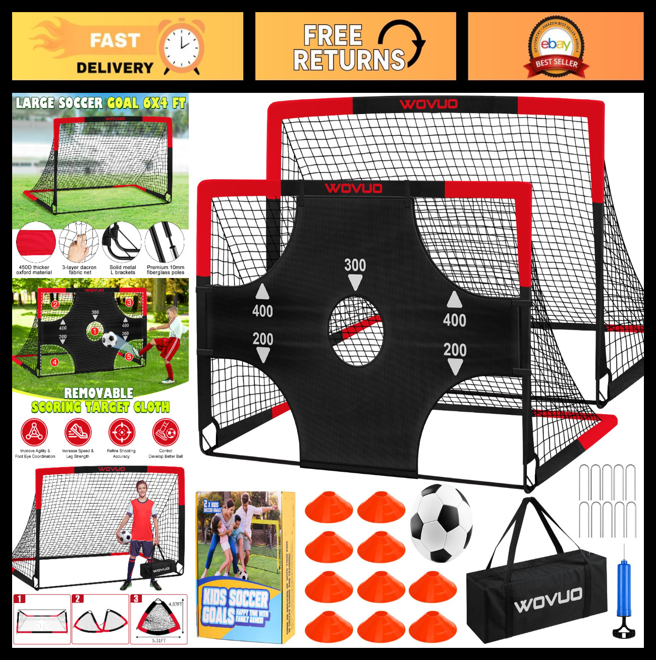 Portable Kids Soccer Goals Set of 2 - 6x4 ft Training Equipment with Net, Ball &