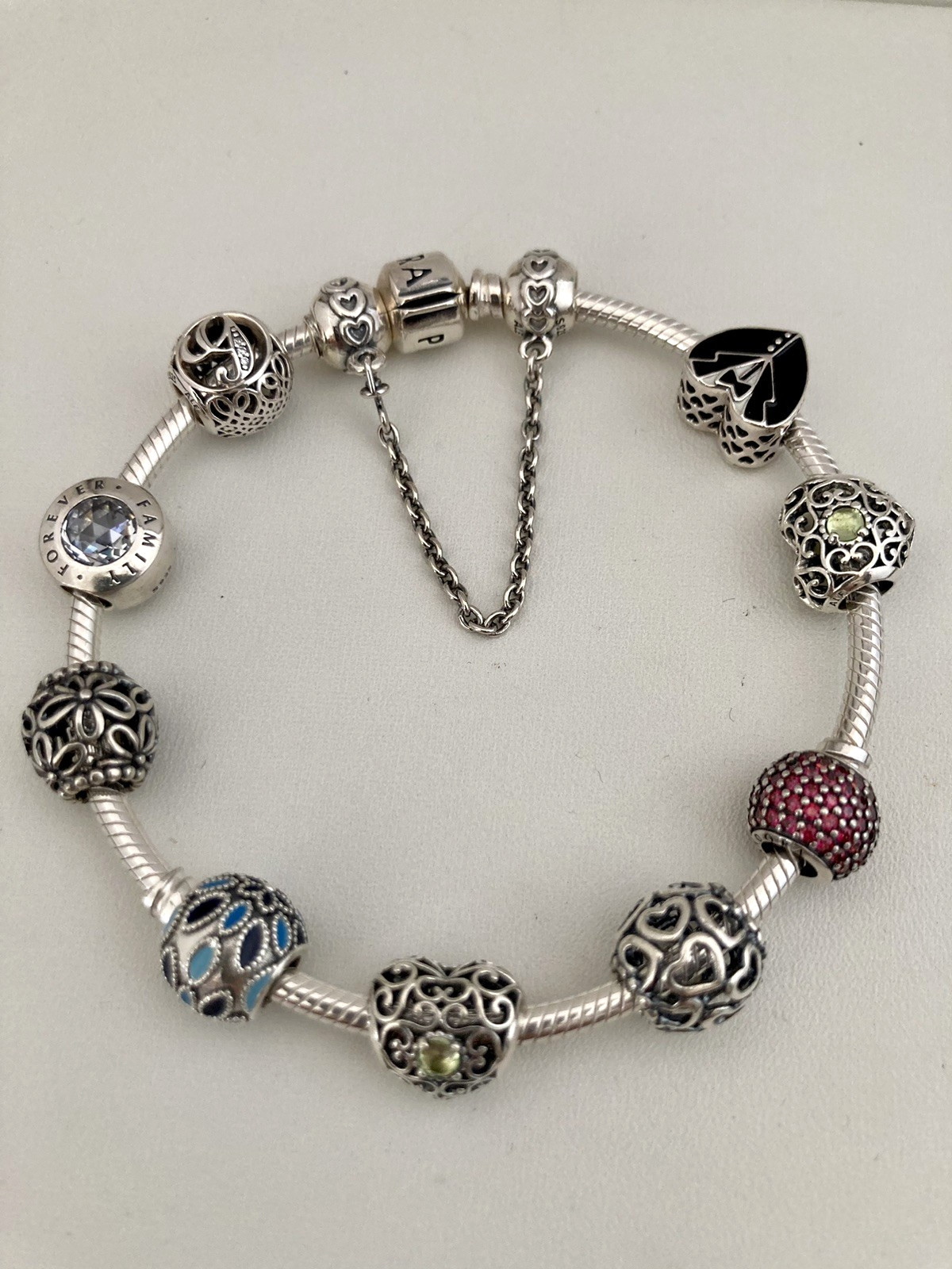 Sterling Silver Pandora Bracelet  ALE925 With Charms & Safety Chain 20cm Length