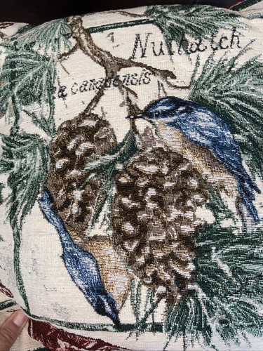 Vintage Tapestry Throw Pillow Floral Bird Velvet Winter 15x15 Cottage Signed - Picture 4 of 15