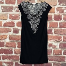 London Times Dress Womens 4 Black White Boho Paisley Stretchy Cowl Neck Popover