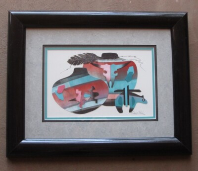 NATIVE AMERICAN POTTERY, HEARTLINE BEAR COLLAGE PAINTING by DAVID PAUL (b. 1943)