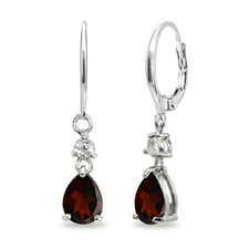 8x6mm Teardrop Garnet & White Topaz Sterling Silver Dangle Leverback Earrings