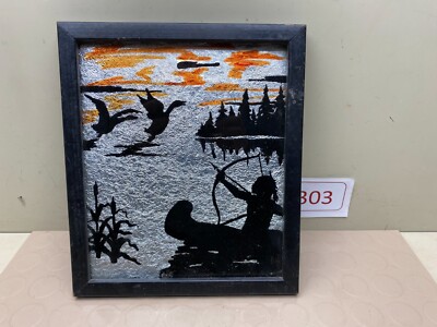 Vintage Aluminum Native American Indian hunting ducks in canoe Framed Wall Art