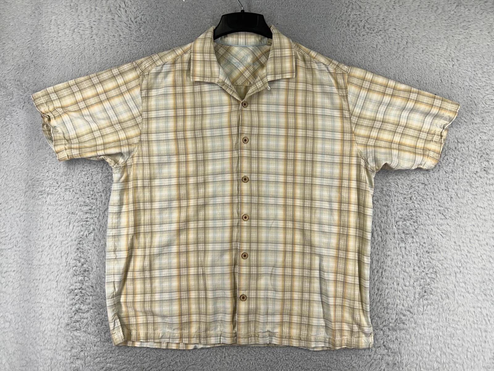 Tommy Bahama Shirt Men Extra Large Yellow Beige Plaid Silk Blend Button Up