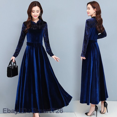 Womens Velvet Long Sleeves High Waist Maxi Dress Slim Belt Cheongsam Ball Gown - Picture 5 of 23