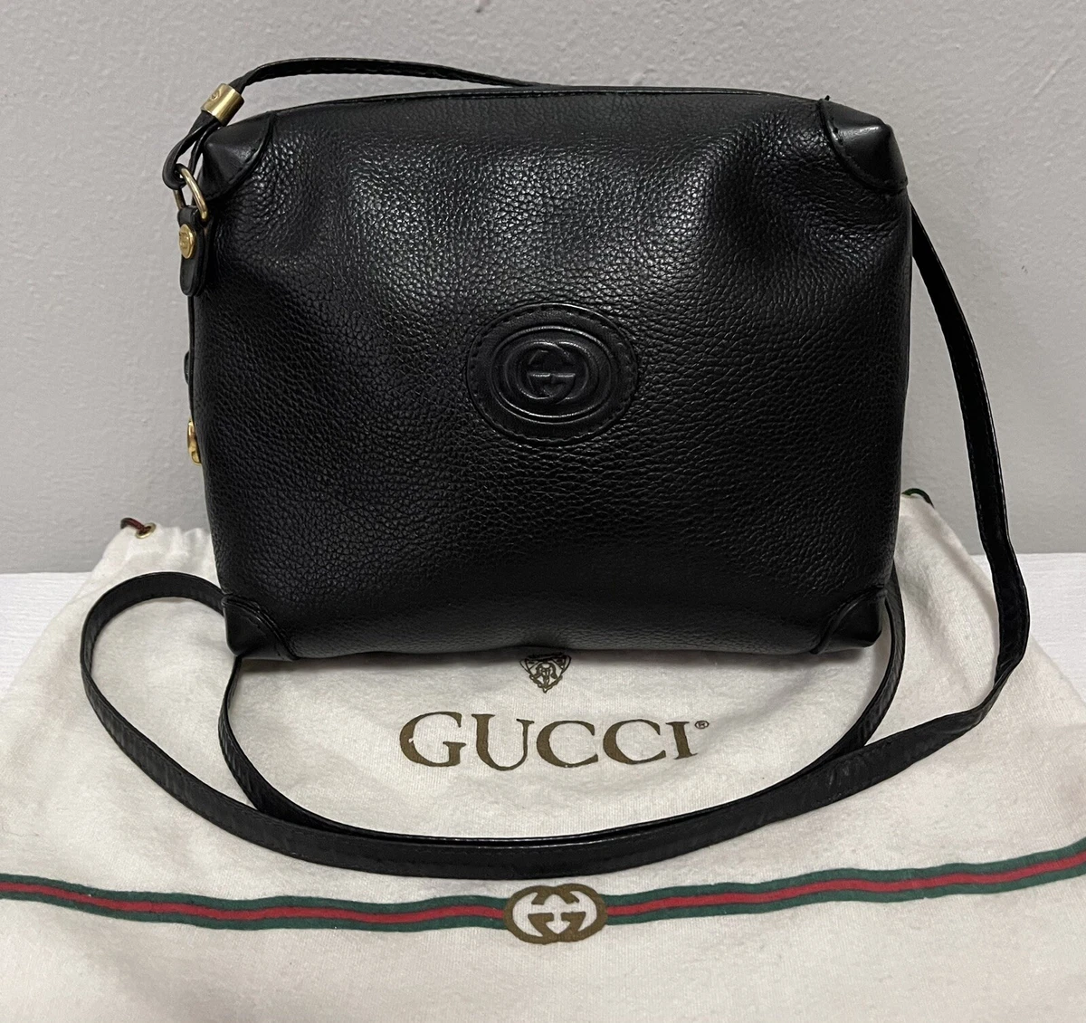 HTF Style Vintage GUCCI Black Pebbled Leather Square Boxy Small Crossbody  Bag