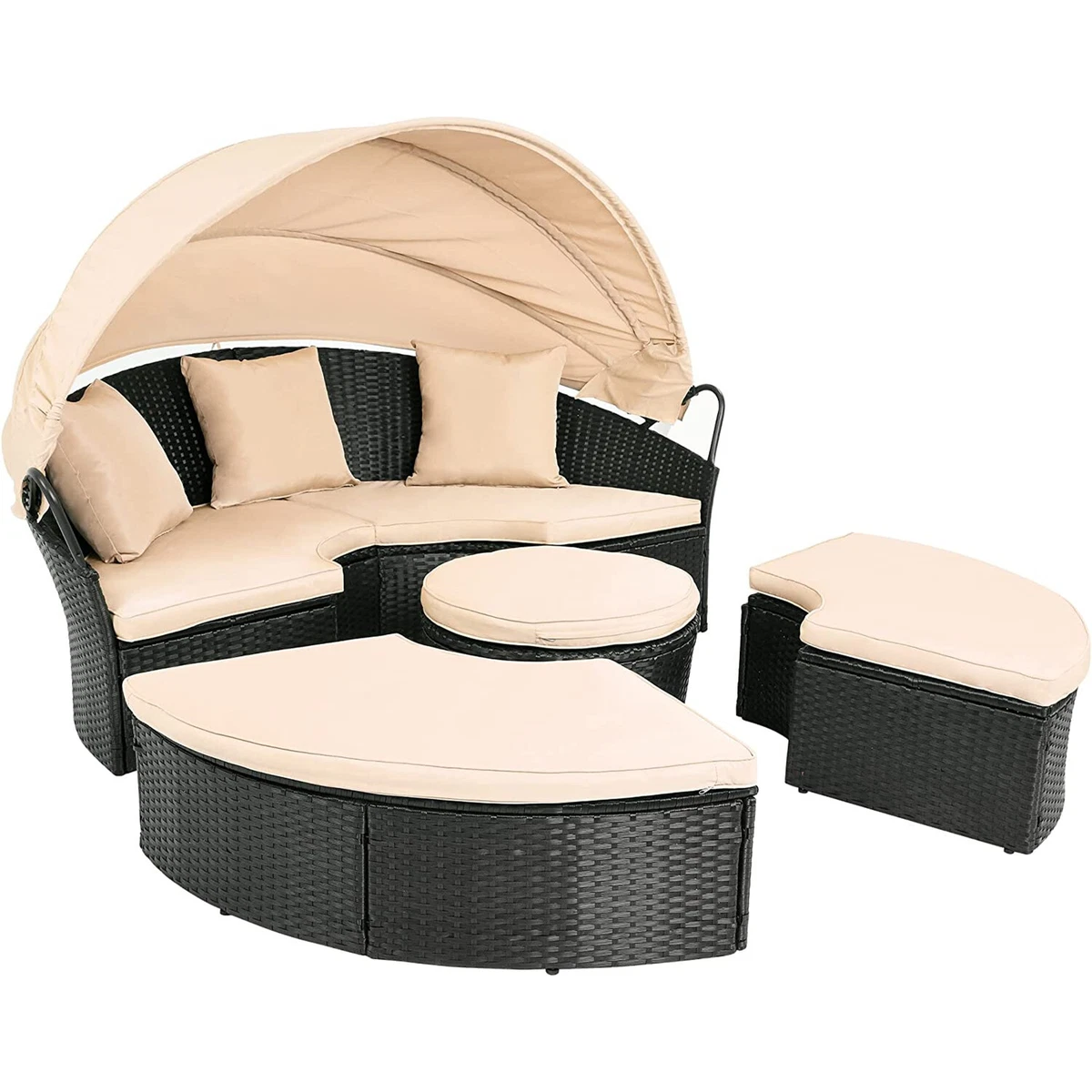 Outdoor Patio Round Daybed w Retractable Canopy Rattan Wicker