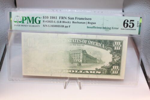 PMG 1981  $10 GU-65FRN San Francisco Insufficient Inking Error FR2025 L [103WEJ] - Afbeelding 1 van 5