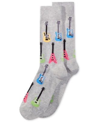 $34 Hot Sox New Men'S 1 Pair Pack Dress Cotton Gray Crew Socks Guitars Shoe 6-12