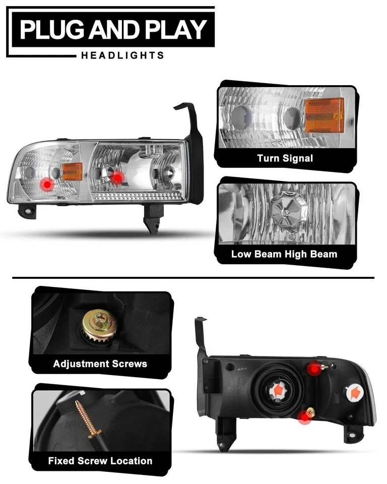 Faros cromados para camioneta Dodge Ram 1500 1994-2001 94-02 2500 3500 lámpara delantera Foto 2 de 4