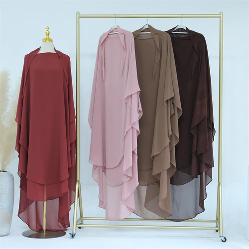 Two Layers Muslim Ramadan Women Large Khimar Hijab Niqab Burqa Tops Kaftan Dress