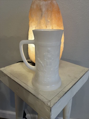 Milkglass Federal Glass Beer Stein Mug Embossed Bar Scene Iridescent White Vtg