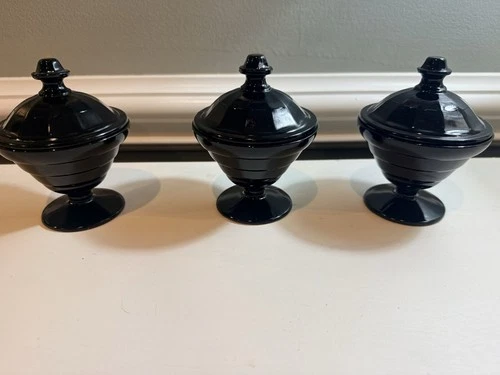 Vintage Black Milk Glass Pedestal Candy Dish w Lid 5.5” Tall Covered Compote