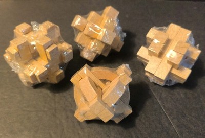 3D Wooden Puzzle Lock Game Set of Four Cube IQ Brain Teaser 2''x2''x2''