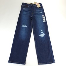 Levis Ribcage Straight Ankle Jeans Womens 25x27 Blue Dark Wash Distressed 