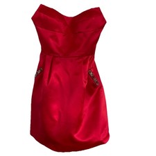 Sherri Hill  Y2K Red Strapless Satin Dress  Embellished Pockets Holiday Formal
