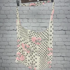 Free People Floral Boho Reusable Shopping Crossbody Tote Bag Muslin Beige Pink S