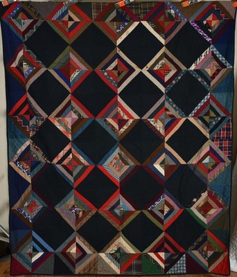 VIBRANT Vintage 1910's Wool Hourglass Antique Quilt ~Nice Black Background!