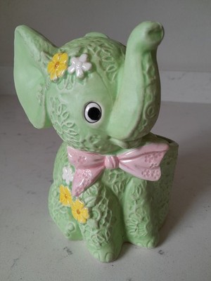 Rare Vintage 1970s Inarco Ceramic Green Lucky Elephant With Flowers Planter