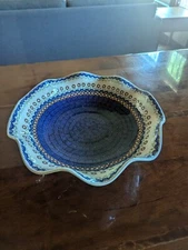 Blue Rose Polish Pottery Garden Bouquet Large Fluted Pedestal Bowl