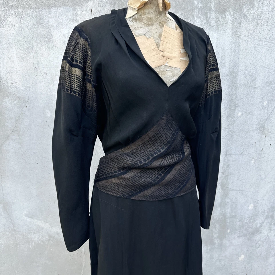 Vintage 1930s Black Silk & Gold Lamé Dress Full Length Geometric Art Deco - Image 2 of 4