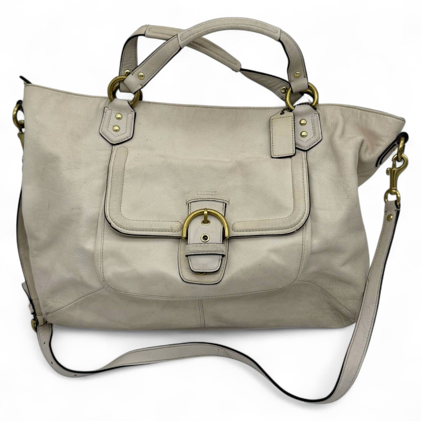 Coach Campbell Cream Leather Tote with Adjustable Shoulder Strap & Brass Buckle