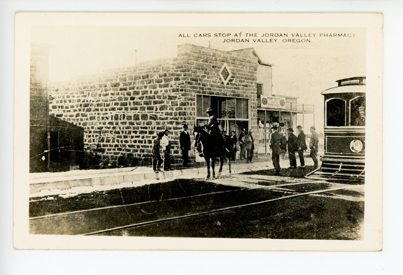 Trolley Stop at JORDAN VALLEY PHARMACY Oregon RPPC Vintage Photo