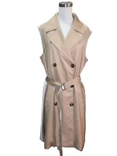 Nine West Double Breasted Peacoat Coat Dress Size Large Tan White Belted