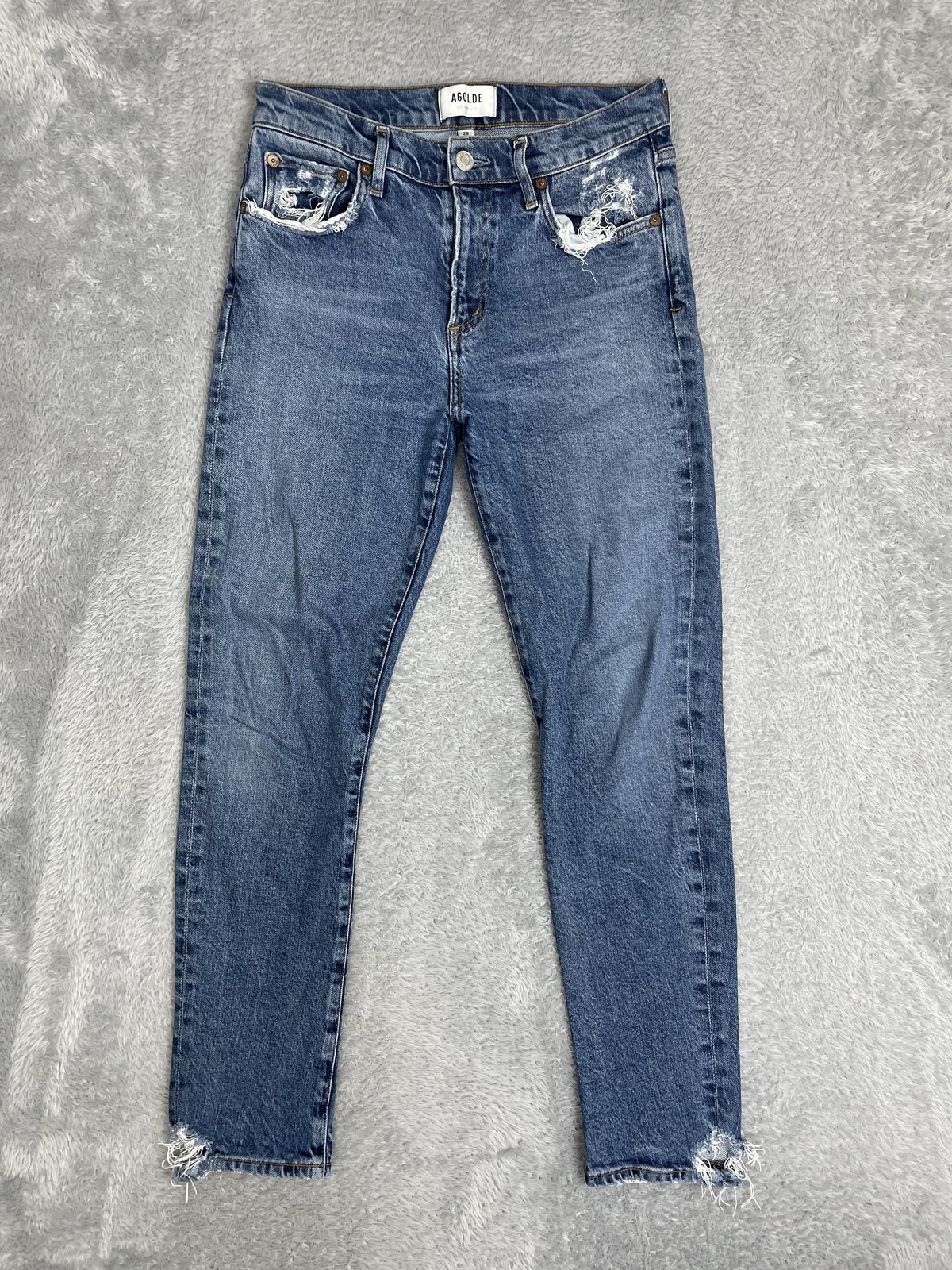 AGOLDE Skinny Jeans Womens 26 Blue Mid Rise Distressed Raw Hem Stretch Denim