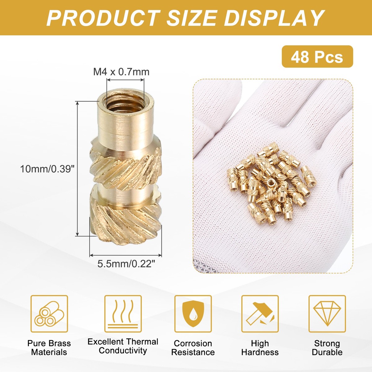 48 Pcs M4 x 10mm l x 5.5mm OD Pure Brass Heat Set Threaded Inserts