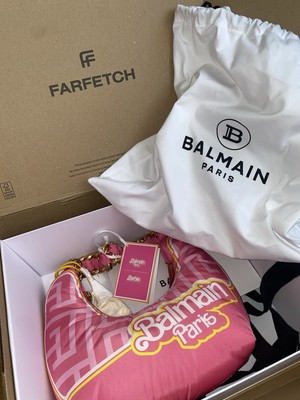 Balmain x Barbie - Light pink nylon quilted Pillow Hobo bag with monogram print