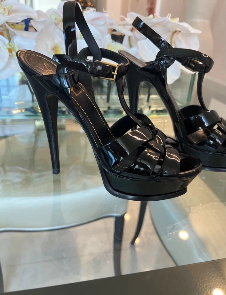 Sandalias de plataforma Saint Laurent Tribute charol negro 105 mm talla US 8,5 Foto 4 de 4