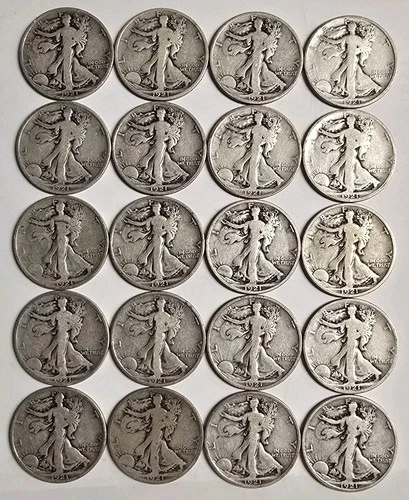 20 x 1921-D Walking Liberty Half Dollars (Roll) VG-Fine KEY DATE