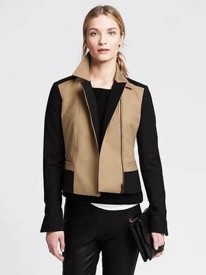 Banana Republic Contrast Moto Jacket Womens Size 2 Full Zip Up Beige Black