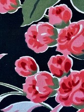 Roses on Black Glam Mid Century Hollywood Regency Barkcloth Era Vintage Fabric