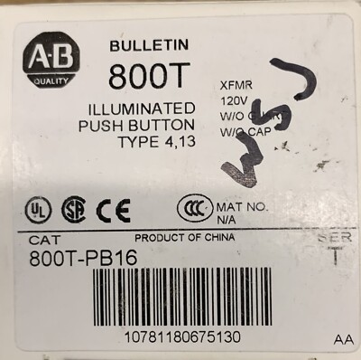 Allen Bradley 800T-PB16 Illuminated Push Button W/O CAP-NIB