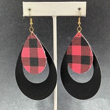 Pierced Earrings Red Black Plaid Faux Leather Teardrop Dangle 3 1/8"