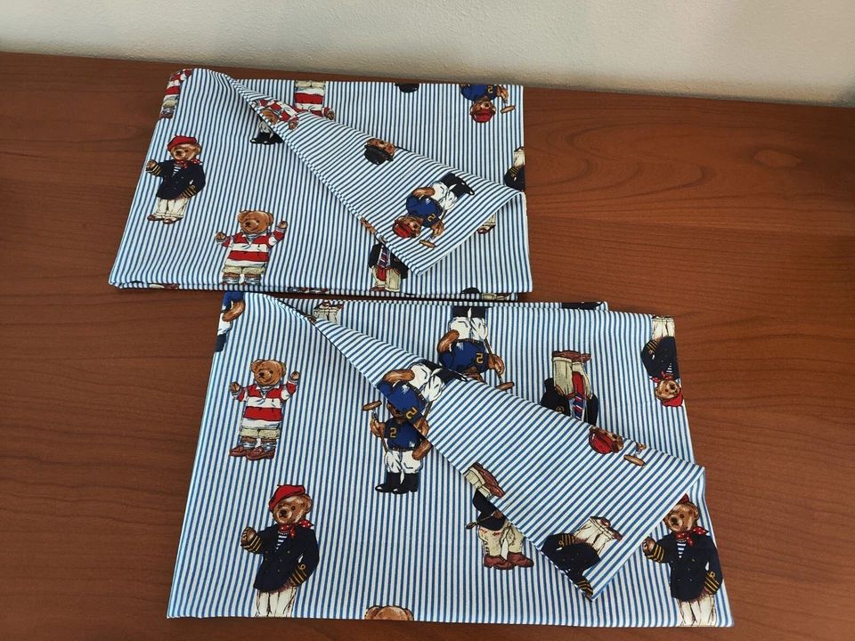 Ralph Lauren POLO TEDDY BEAR Blue Striped 2 Standard Pillowcases New - Image 3 of 4